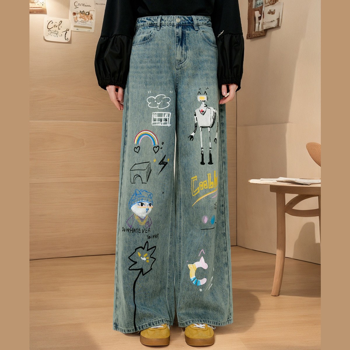 正品折扣店美式卡通涂鸦印花直筒宽松女式牛仔裤设计显瘦垂感