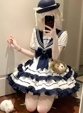 学院风可爱夏日海军风绀色水蓝色青春元气少女JK蛋糕裙洋装连衣裙