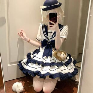 学院风可爱夏日海军风绀色水蓝色青春元 连衣裙 气少女JK蛋糕裙洋装