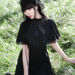 复古早哥特风gothic法式 收腰蕾丝斗篷连衣裙女洛丽塔a字长裙 夏季