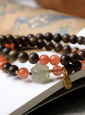 绿奇楠沉香木搭配南红玛瑙和田玉新中式两圈手串文玩国风手链