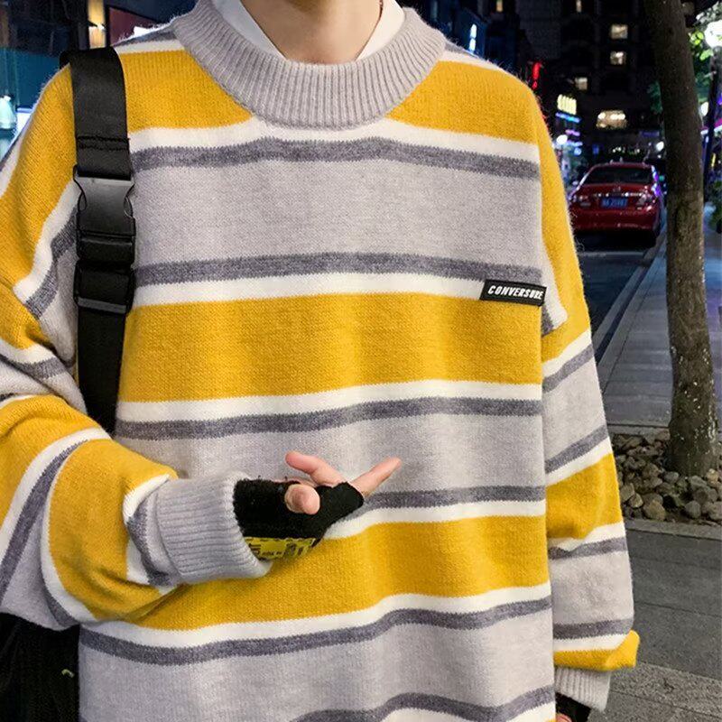 美式复古条纹撞色圆领毛衣男冬季宽松bf慵懒风情侣百搭保暖针织衫 - 实物图