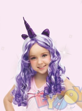 白紫双色独角兽假发独角兽儿童cos假发仿真紫色卷发公主装饰道具