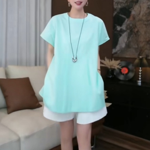 韩版薄荷绿短袖T恤女大码宽松显瘦百搭中长款通勤上衣减龄娃娃衫