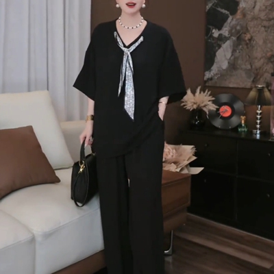 夏季黑色蝴蝶结大码女装两件套