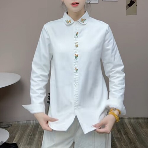 刺绣polo领长袖衬衫女2026秋冬