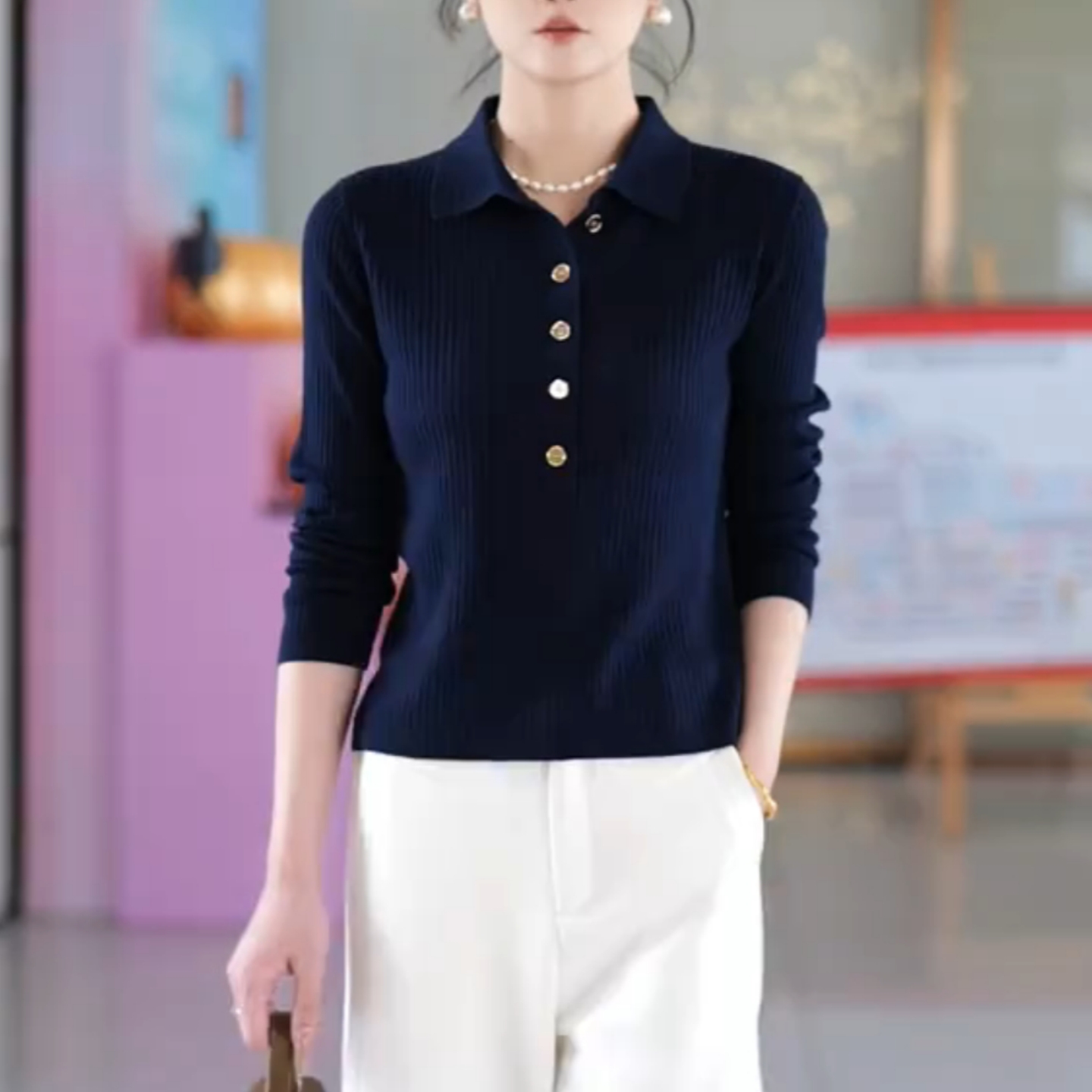 藏青色翻领针织衫女2025春秋休闲百搭大码胖MM减龄宽松显瘦套头衫