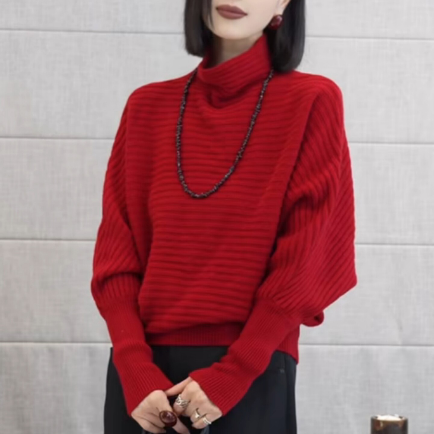 红色高领长袖针织衫女2025秋冬大码胖MM宽松通勤风高级感减龄毛衣