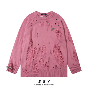 初秋日系懒惰风破洞圆领长袖针织衫男女宽松插肩袖套头线衫毛衣潮