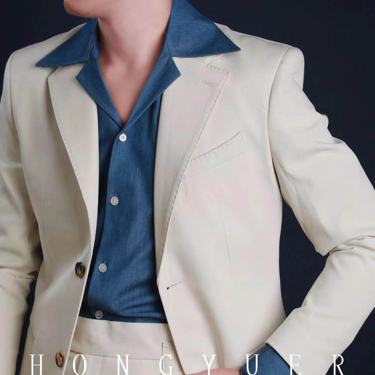 HYE男士秋季白色西装优雅休闲痞帅型英伦那不勒斯经典西服套装