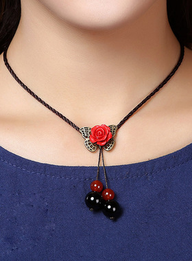 天然红黑玛瑙民族风红色蝴蝶调节项链女复古吊坠百搭锁骨链配饰