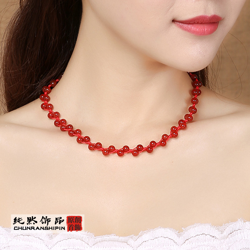 纯然饰品天然红玛瑙时尚项链女手工编织配饰民族风简约百搭配绳