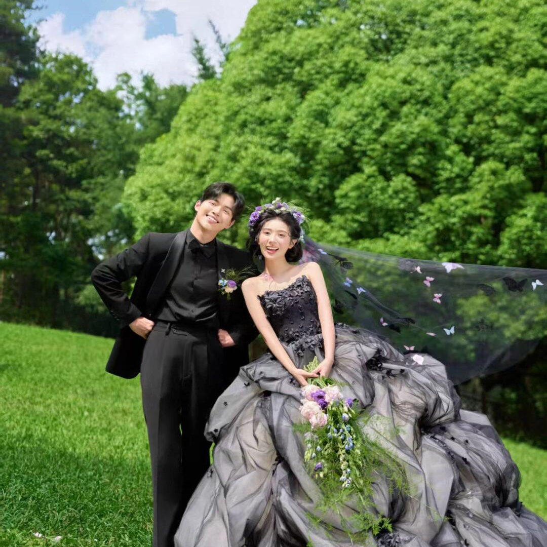 影楼新款情侣婚纱礼服黑色花神婚纱摄影拍照主题内外景大拖尾草坪