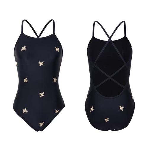 2025新款重工刺绣小蜜蜂竞速泳衣女连体显瘦性感露背运动游泳馆