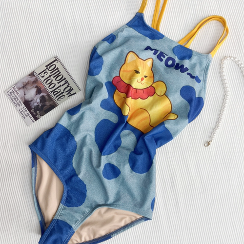 卡通猫咪印花连体泳衣女三角专业竞技游泳馆速干遮肚显瘦游泳衣