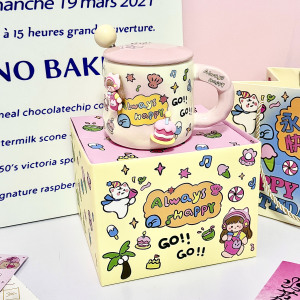 桌面创意摆件马克杯带盖勺可爱少女心生日礼物送女孩治愈系小礼品