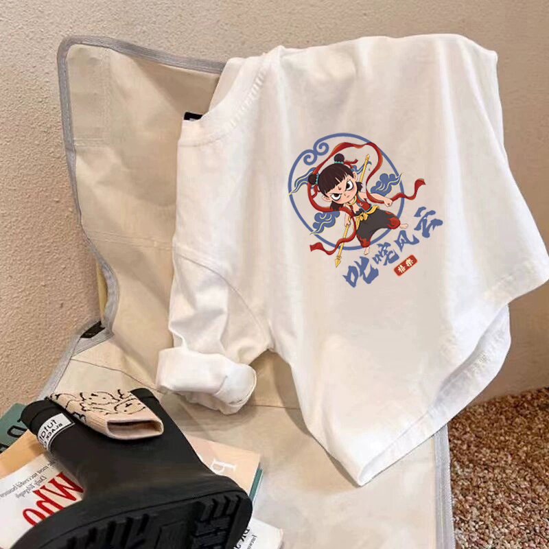 哪吒儿童长袖t恤100%棉宝宝宽松白色上衣a类纯棉男女童全棉打底衫