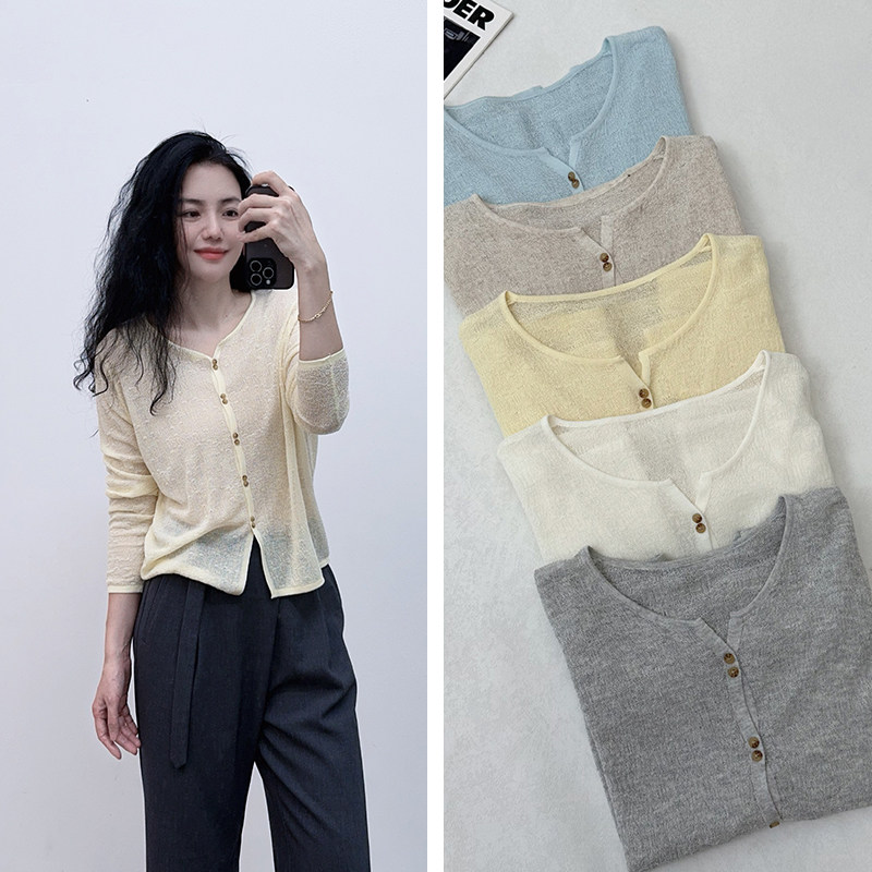 春夏糖果色~极简风莱赛尔天丝亚麻V领设计感超薄防晒外搭针织开衫