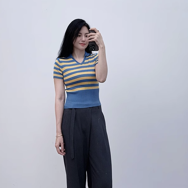 高腰短款 品牌尾货100真丝桑蚕丝针织短袖夏季薄款条纹弹力修身T