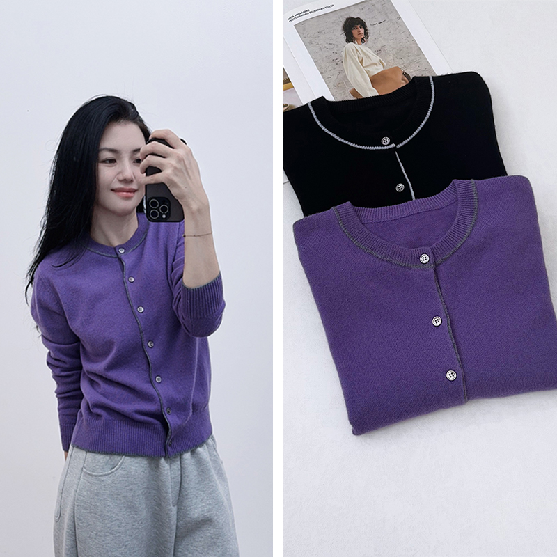 浪漫熏衣紫~100羊毛厚开衫外套女