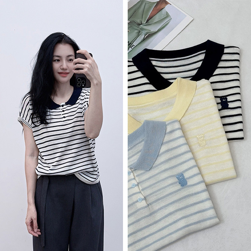 大码针织衫女~亚麻冰丝条纹短袖T恤女夏季翻领减龄POLO衫针织上衣
