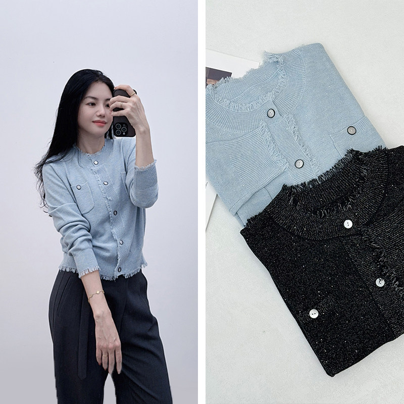 轻奢小香风外套~精致珠片纱软糯外贸跟单春秋宽松长袖针织毛衣女