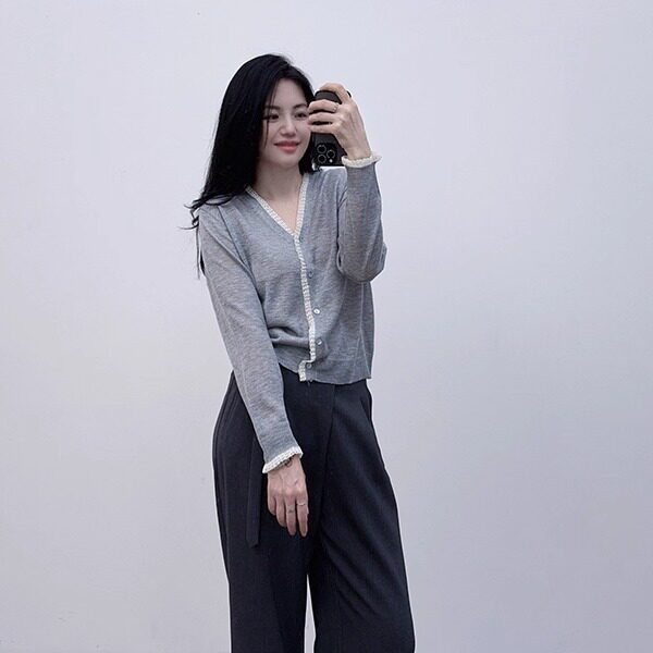 温柔风 别致蕾丝花边亚麻混纺夏季薄款V领长袖防晒针织外套开衫女