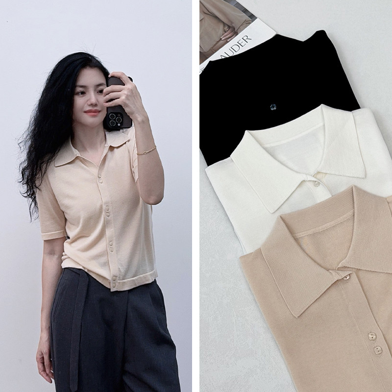 法式轻奢系列~外贸跟单桑蚕丝莫代尔针织衫薄款通勤POLO领短袖T女