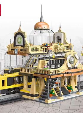 杰星89136欧式火车站国产积木MOC街景建筑小颗粒益智拼装玩具模型
