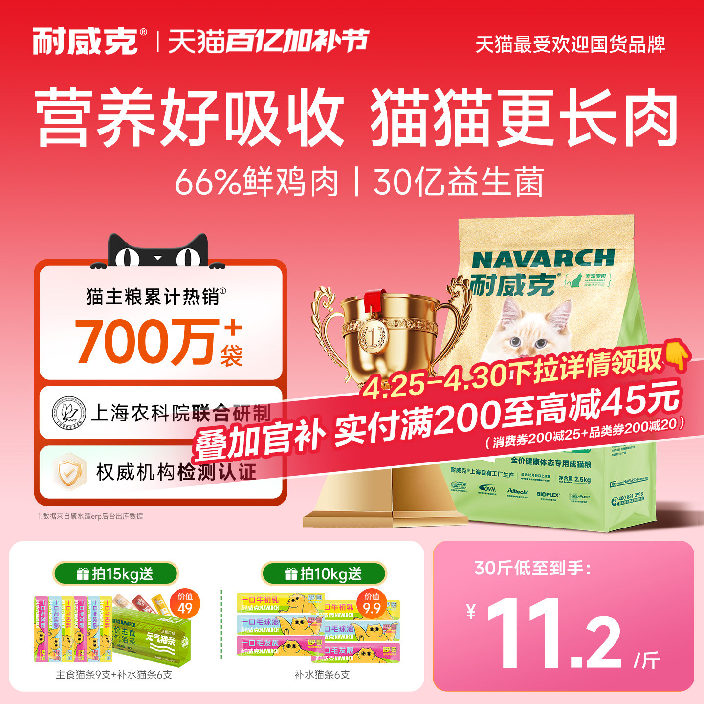 【超值囤货装】耐威克鲜肉猫粮美毛长肉健康体态30斤官方旗舰店