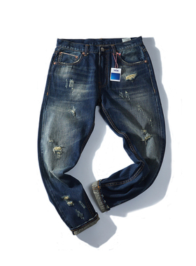 舒适复古高端九分裤青春流行蓝色小脚修身猫须洗水赤耳丹宁牛仔裤