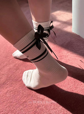 MARCA韩国代购中筒袜女蝴蝶结条纹腰纯色春秋常规厚潮流外穿袜子