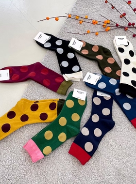 韩国东大门MARIAN中筒袜女大波点拼色黄色黑色春秋网红款女袜