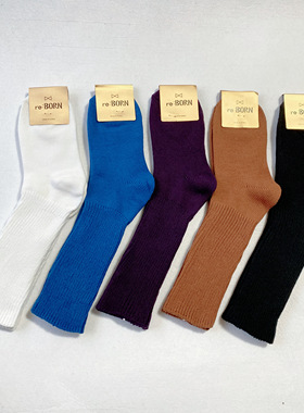 韩国东大门reBORN中筒袜女螺纹纯色酒红色紫色潮流百搭加厚秋冬