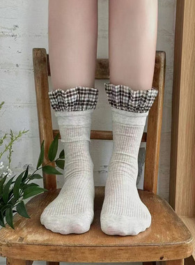 韩国代购MARCA袜子女格格花边撞色中筒袜棉洋气芭蕾风少女袜夏薄