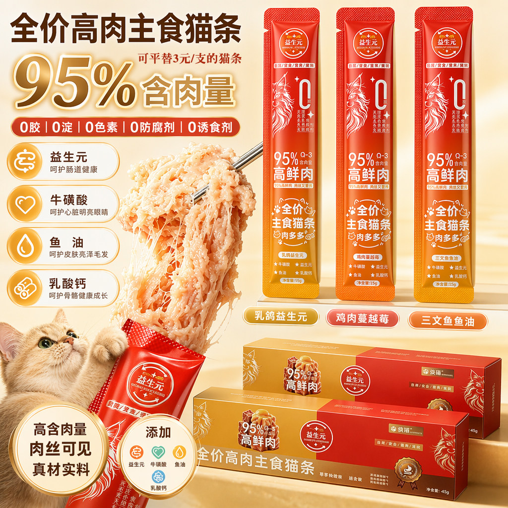 【新品试吃】95%高鲜肉主食猫条益生元营养鸡鸽肉三文鱼零食湿粮