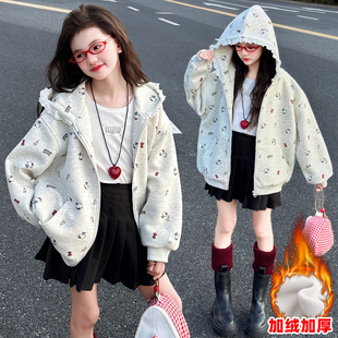 女童外套秋冬款大儿童装加绒连帽棒球服上衣女孩秋季kt猫夹棉卫衣