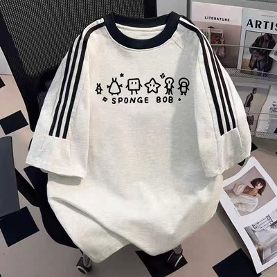 小众宽松拼接短袖t恤美式三条杠