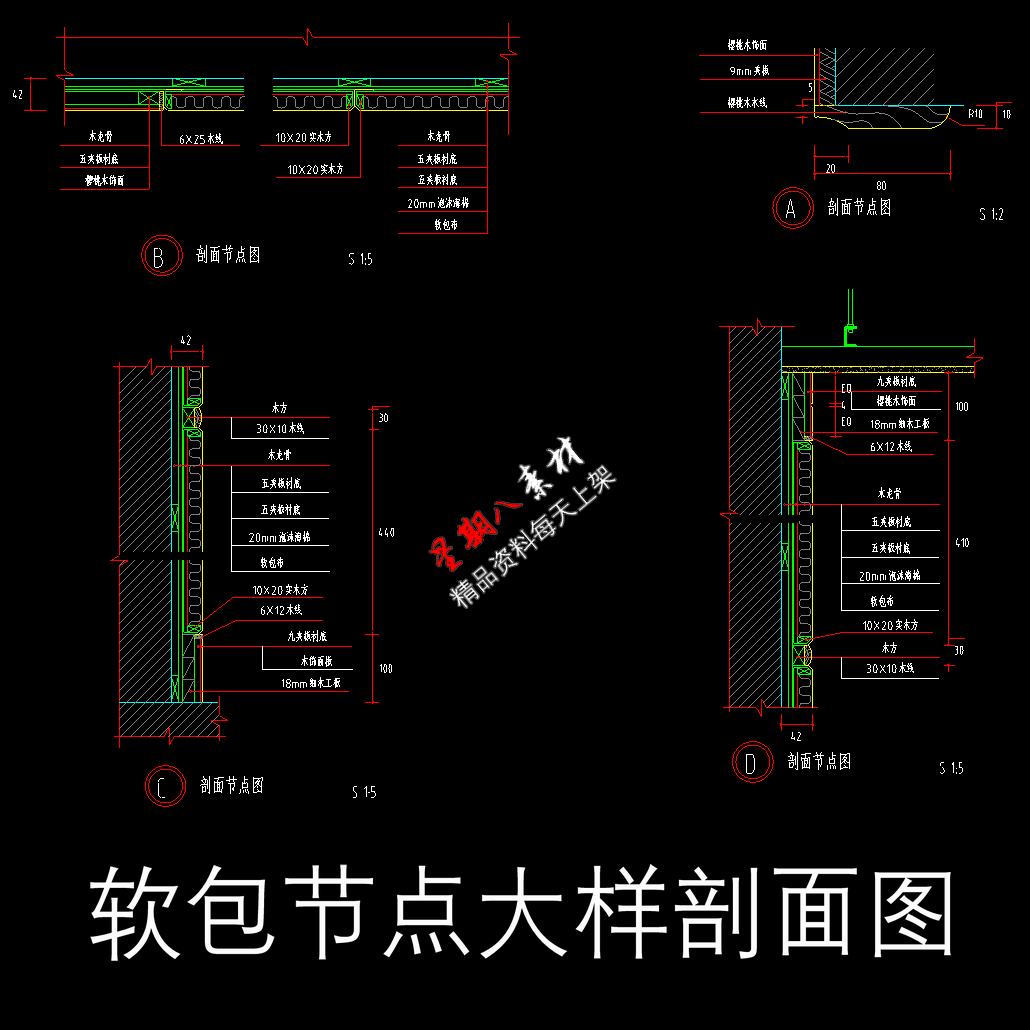 tk10软包与各种材质结合节点图大样图剖面图皮革软包不锈钢木制板