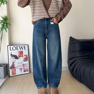 松紧高腰弹力胖mm厚绒牛仔香蕉裤 女冬长裤 密密绒弯刀裤 木木崧大码