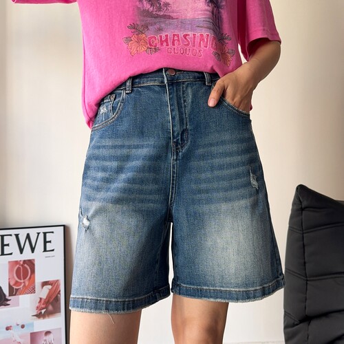 木木崧大码阔腿短裤女2026夏季四分高腰弹力胖mm破洞A字牛仔短裤