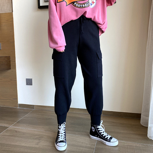 毛线裤 木木崧大码 胖MM加厚针织哈伦裤 女2020冬季 松紧腰针织奶奶裤