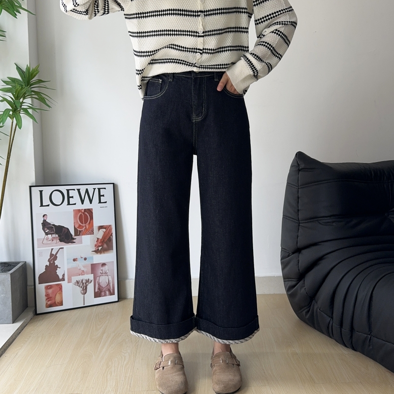 木木崧大码黑金色阔腿牛仔裤女秋长裤高腰弹力胖mm翻边宽松直筒裤