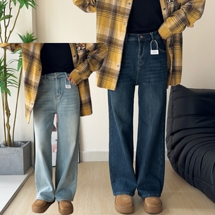 女冬松紧高腰弹力胖mm直筒牛仔长裤 木木崧大码 厚绒阔腿拖地裤