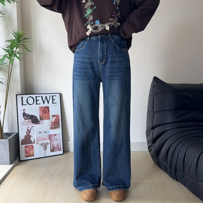 大码高品质阔腿拖地牛仔裤高腰