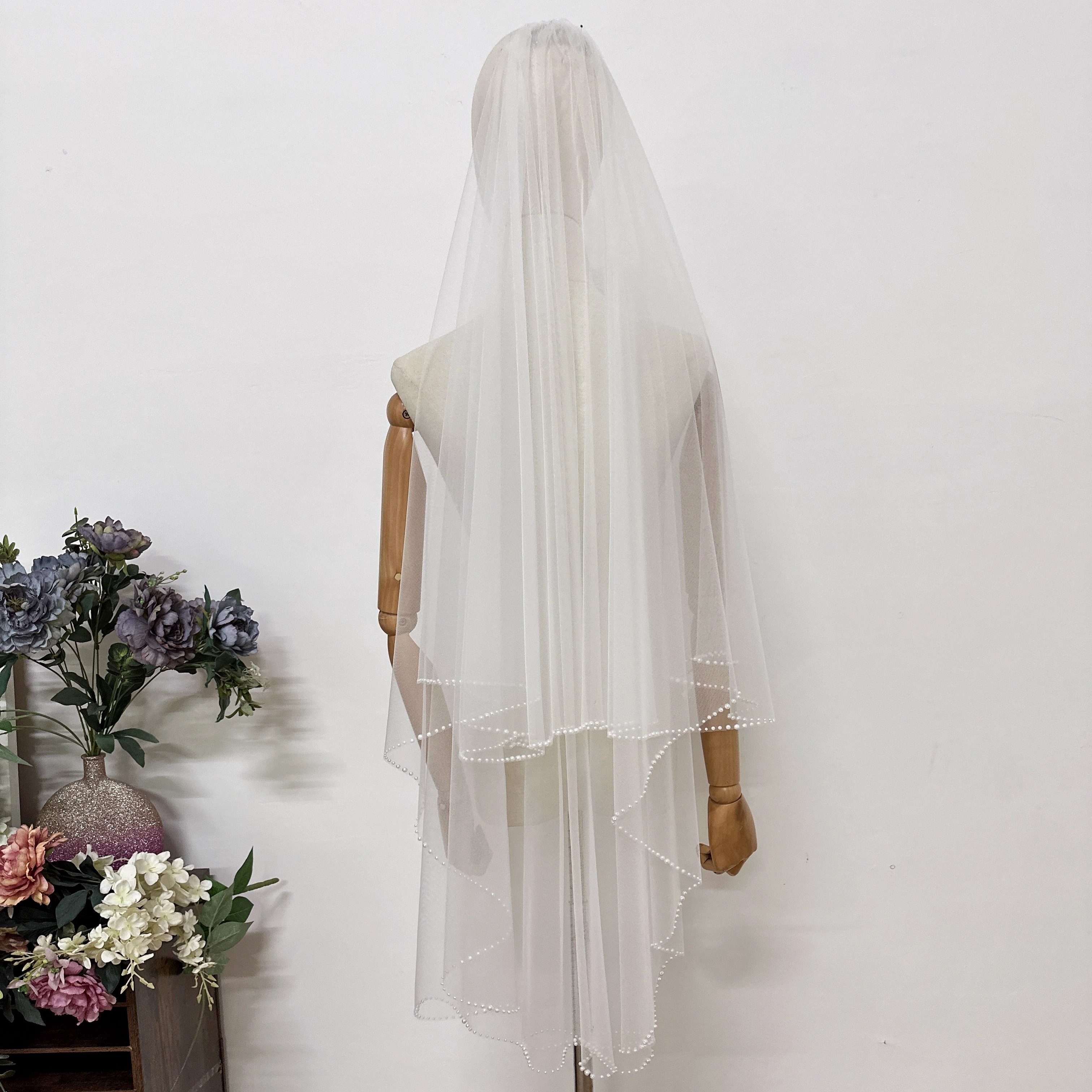 新娘婚礼结婚领证短款高清软纱边缘珍珠渐变装饰带发梳 写真拍照