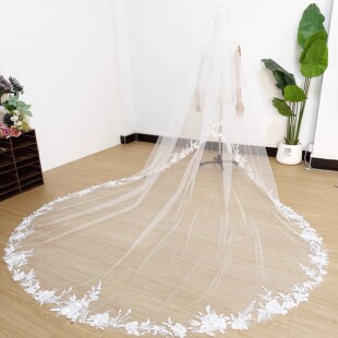 新款新娘婚礼蕾丝花边头纱双层大拖尾主婚纱头饰结婚森系拍照影楼