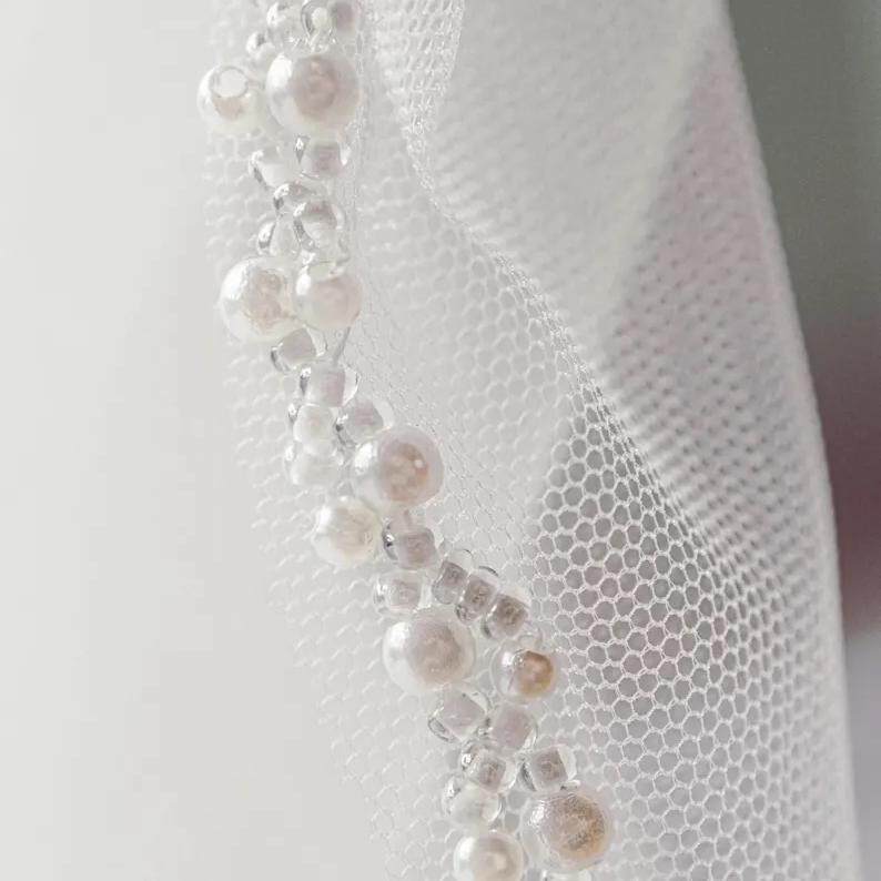 新娘头纱手工缝珠透明珠+珍珠单层自由造型旅拍照道具