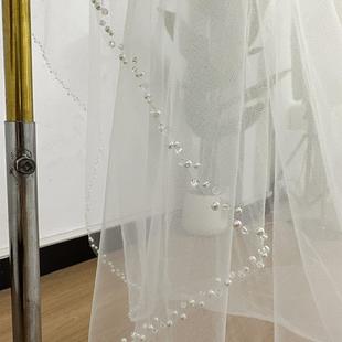 新娘简约高级手工缝制珍珠水晶拖尾头纱Angel 摄影拍摄道具 cut