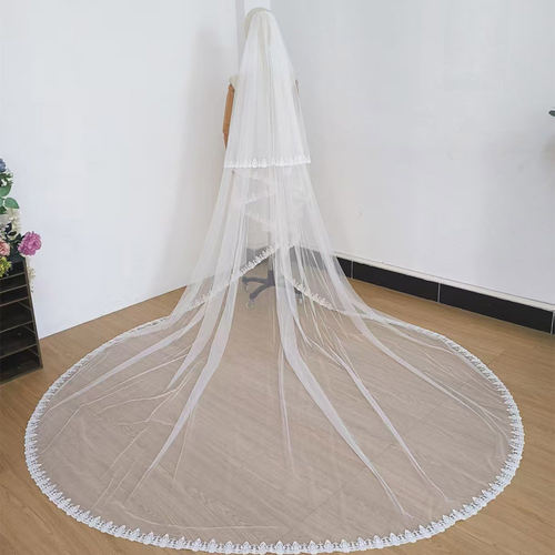 新娘头纱教堂婚礼拖地双层头纱水溶刺绣蕾丝可定制结婚头纱带面纱